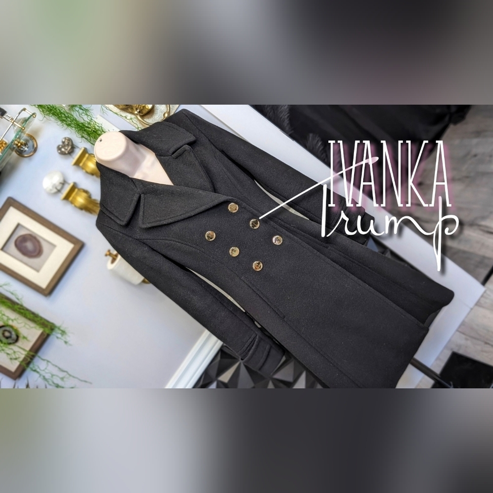 Ivanka Trump Black Wool Blend Military Trench Coat Sz2